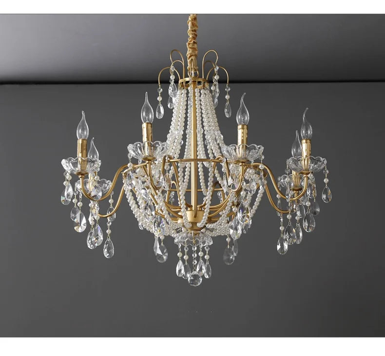 European Living Room Gold Candle E14 Chandelier Luxury Crystal Pearl Led Pendant Lights Villa Decor Led Suspend Lamp Luminarias