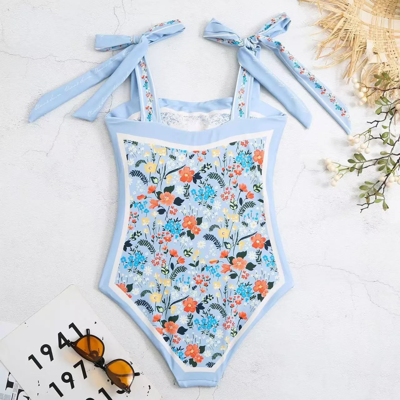 Women's Retro Double Sided Print Sweetheart Neck Tie Back Sleeveless One Piece Swimsuit Tankini Tankinis Dames Tankini Woman