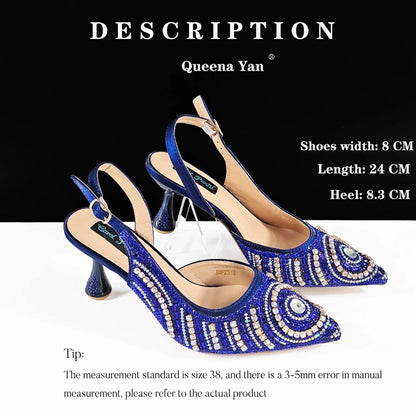 Queena Yan 2026 Elegant Nigerian Women's Royal Blue Only Shoes or with Rhinestone Handbag Set - Italian Design for Weddings