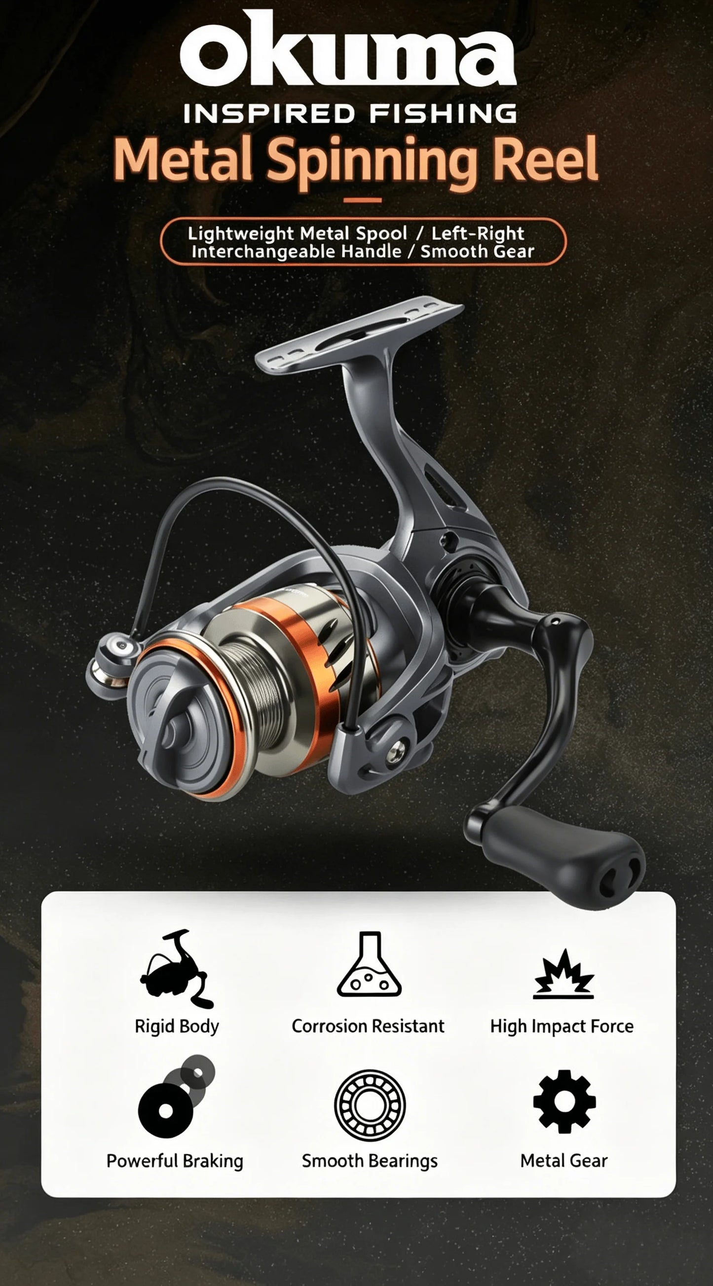 Okuma Spinning Reel Model 3+1 Ball Bearings 5.2:1 Ratio Corrosion Resistant Body Large Adjustment Drag Knob Fishing Wheel
