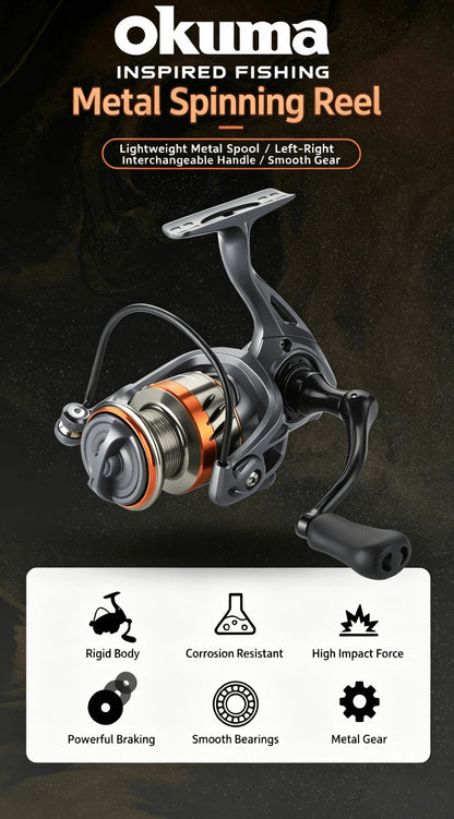 Okuma Spinning Reel Model 3+1 Ball Bearings 5.2:1 Ratio Corrosion Resistant Body Large Adjustment Drag Knob Fishing Wheel