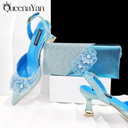 QueenaYan Elegant African-Inspired Evening Shoes and Handmade Clutch Set Pointed Toe High-Heel Women's Footwear and Matching Bag