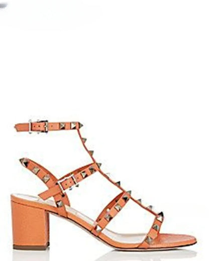 Rockstud Open Toe Block Heel Sandals Luxury Designer Ankle Straps Chunky Heels Women Summer Colorful Leather Pumps Dress Shoes