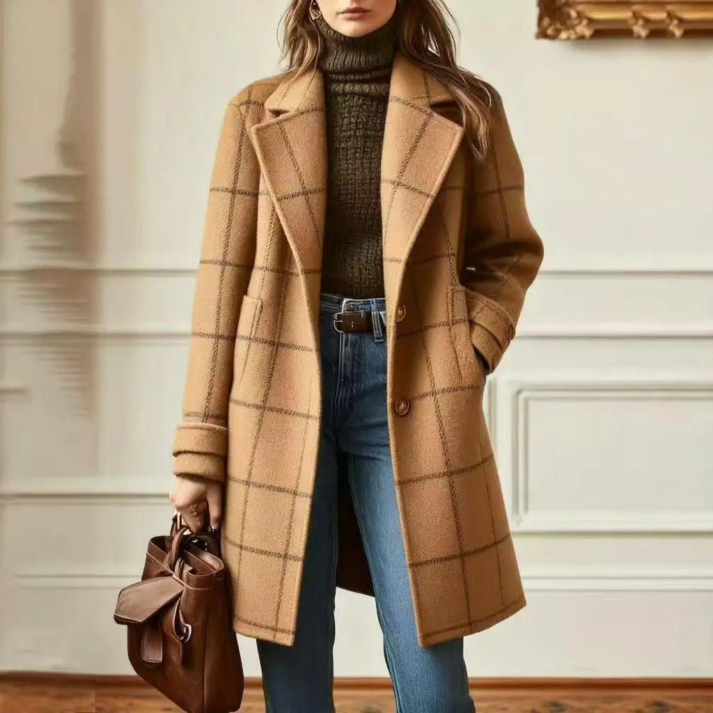 Winter Women's Wool Mid Length Coats Jackets Blends Plaid Turn Down Collar Coat Thick Warm Y2k Streetwear Jacket Work Outerwear