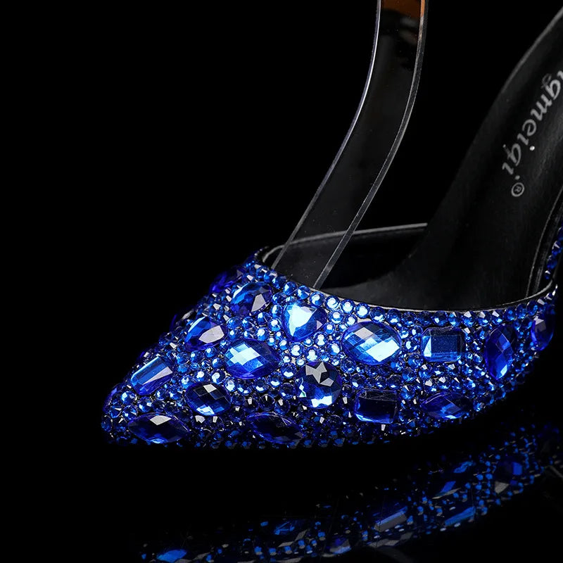2024 Autumn Slim Heels Shallow Mouth Luxury Blue Water Diamond Pearl Women Single Shoes 9CM Wedding Party Shoes Sandalias Mujer
