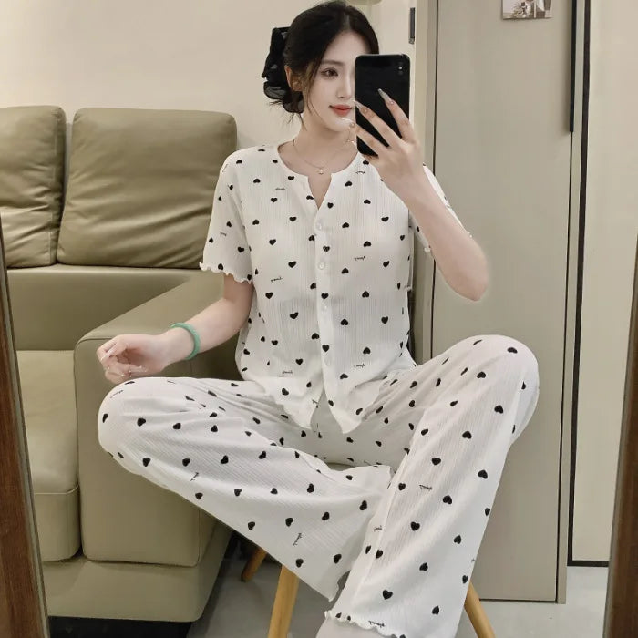 Cotton Fabric Floral Cardigan Printed Pajamas for Women Short-Sleeved Top and Long Pants Sleepwear Homewear Set Ladies Nightwear