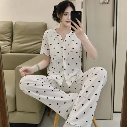 Cotton Fabric Floral Cardigan Printed Pajamas for Women Short-Sleeved Top and Long Pants Sleepwear Homewear Set Ladies Nightwear