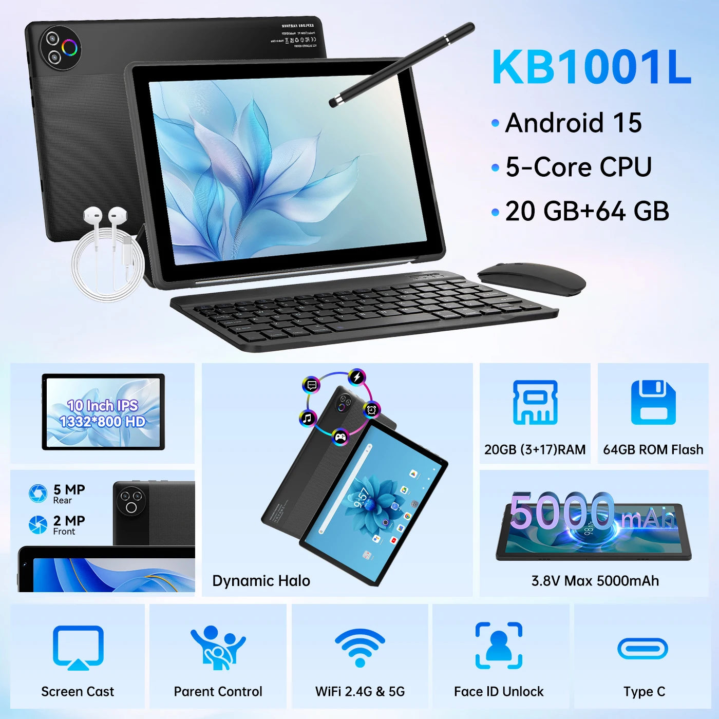 URAO Android 15 Tablet 10.1 Inch 20GB RAM 64GB ROM 5-core Dual Camera Tablets PC Set Keyboard/Case/Mouse/Stylus/Headphone