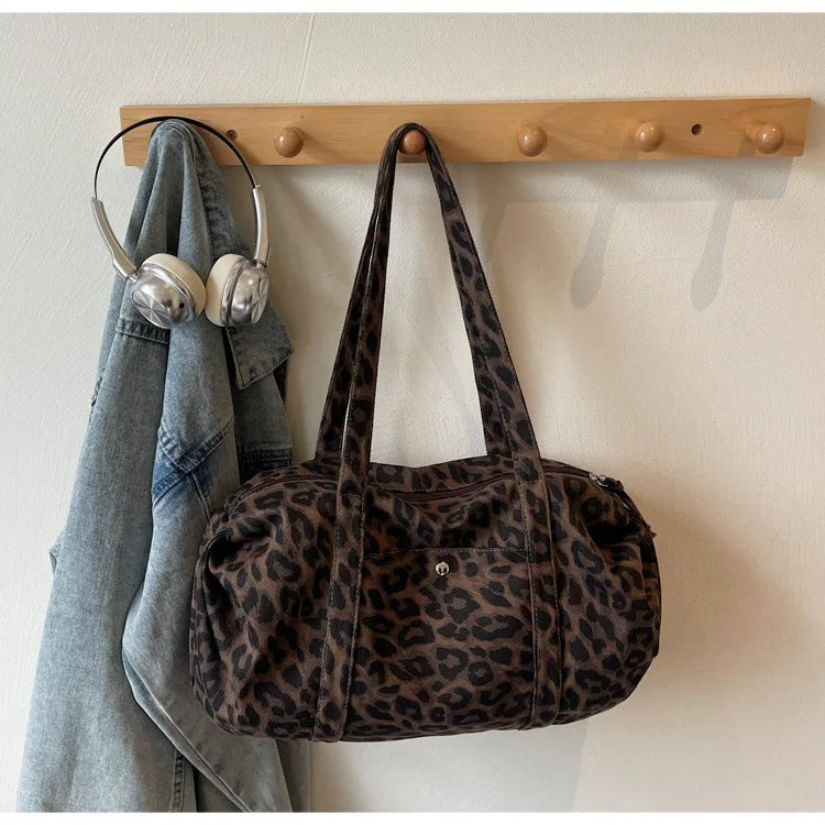Trendy Leopard Print Canvas Shoulder Bag Large Capacity Fashion Tote Handle Bag for Daily Commute Versatile Texture Storage Bags