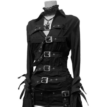 Dark Y2K subculture black shirt women's gothic high street metal buckle belt long sleeved slim fit top spicy girl Korean punk sh
