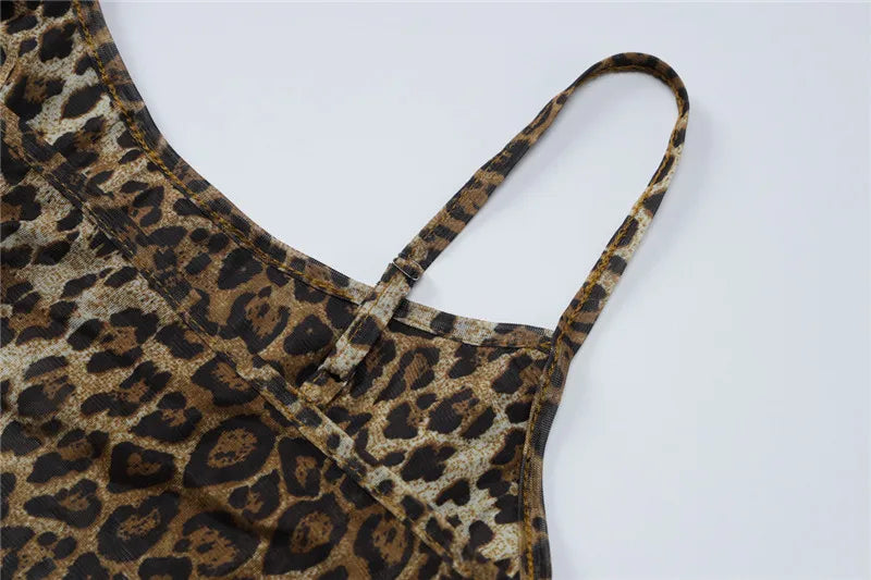 Shestyle Leopard Mesh Sexy Women Two Piece Sets Spaghetti Strap Bodysuit Flare Pants Sheer Brown Sexy Clubwear Waistless Outfit