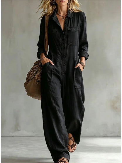 Autumn New Fashion Linen Single Breasted Double Pocket Women's Work Jumpsuit Casual Loose Vacation Female Rompers 2026