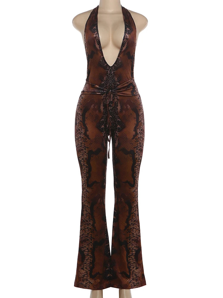 Sisterlinda Sexy Backless Jumpsuits Woman Leopard Print Bandage Halter Deep V-Neck Sleeveless Skinny Peach Hip Fashion Overalls