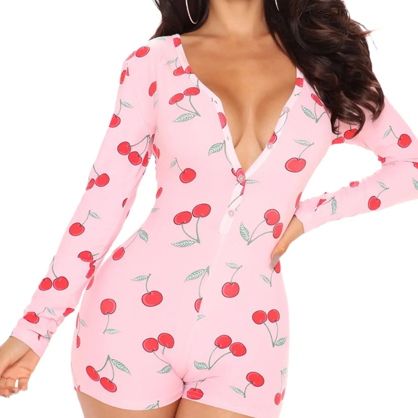 Combhasaki Women's Sexy High Waist Functional Buttoned Flap OnesEies Casual Pattern Print Romper Long Sleeve Playsuit Homewear