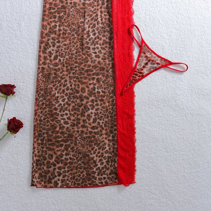 European and American Cross border 2026 Fashion High slit Strap Splicing Leopard Pattern Perspective Lace Sleeping Skirt Set