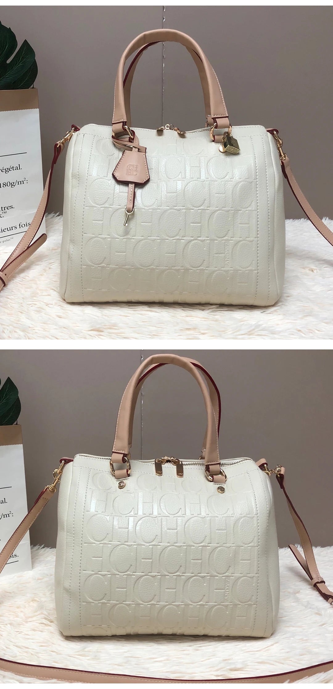 CH Carolina Herrera Boston Bag Women Leather Embossed Logo Shoulder Bag Luxury Travel Handbag Large Capacity