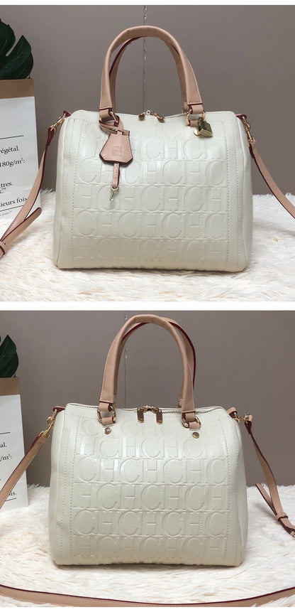 CH Carolina Herrera Boston Bag Women Leather Embossed Logo Shoulder Bag Luxury Travel Handbag Large Capacity