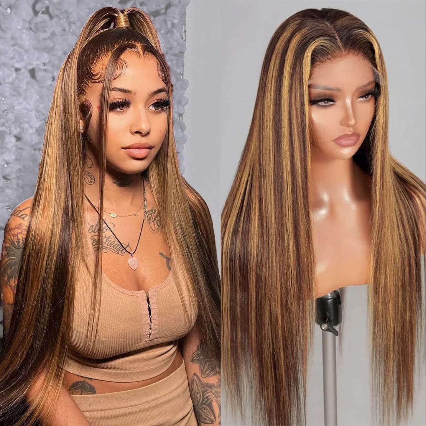 4/27Highlight Straight Lace Front Wig Human Hair 13x6 Lace Frontal Wigs Brazilian Honey Blonde Colored Wigs Remy 100% Human Hair
