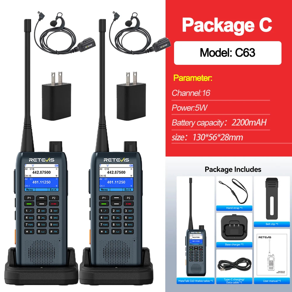 Retevis C63 UHF Walkie Talkie Portable 5W Long-lasting Battery Communication Radio LCD Screen TypeC Emergency for Hotel Security