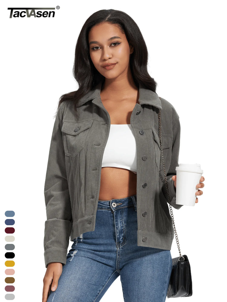 TACVASEN Fashion Corduroy Cargo Jackets Womens Button-Down Soft Warm Casual Outwear Lightweight 4 Pockets Outdoor Workwear Coats
