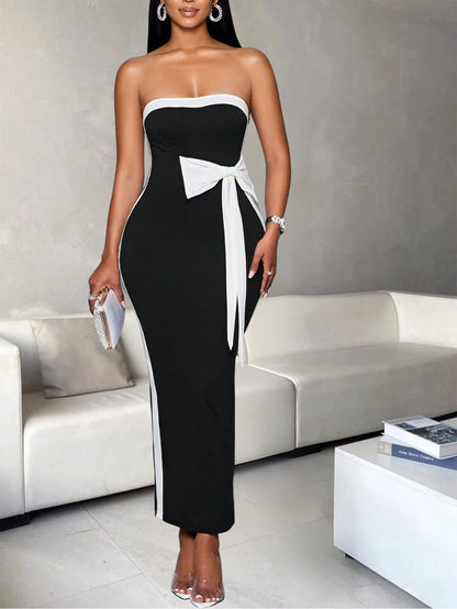 Ladies Fashion Elegant Color Block Knot Design One Shoulder Dress Stylish Graceful Versatile Butterfly Bow Dress for Women