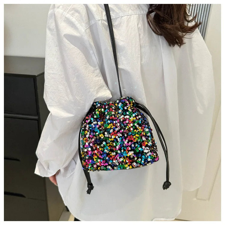 Shiny Sequin Drawstring Shoulder Bags for Women, Mini Crossbody Purse ,Sparkly Evening Handbag Suitable for Party Night Out