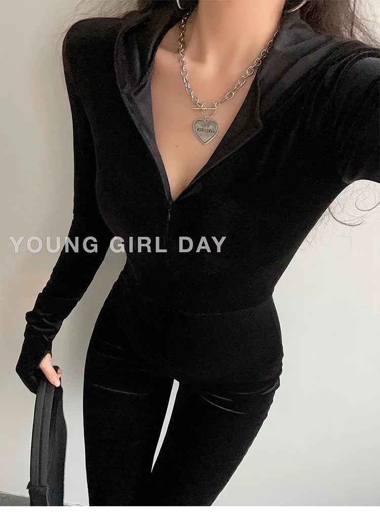 WOMENGAGA Fashion Black Velvet Slim Hooded Zipper Long Sleeve Flare Pants Jumpsuit Rompers Korean Sexy Hot Tops 2022 9P64