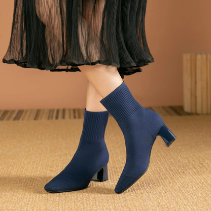 Black Square Toe Knit Sock Boots Elastic Slim Thick Block Heel High Heels Short Boots Fashion Autumn Casual Skinny Ankle Boots
