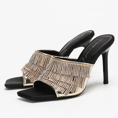 Sexy Rhinestone Designer Thin Heeled Slippers Women Open Toe 2026 New Elegant Party Dress Shoes Tassel Luxury High Heels Sandals