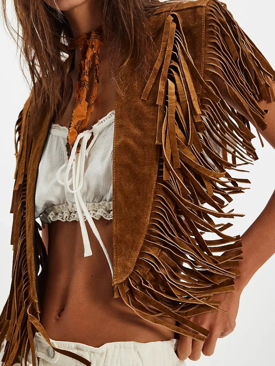 Women Tassel Vest Y2K Sleeveless Fringe Wide Eyes Suede Collar Shawl Open Front Boho Western Jacket Cardigan
