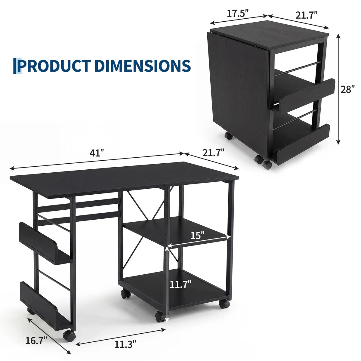 41inch Folding Computer Desk with Wheels, Space-Saving Mobile Home Office Writing Table, Storage Shelf, Side Organizer, Locking Rolling Casters