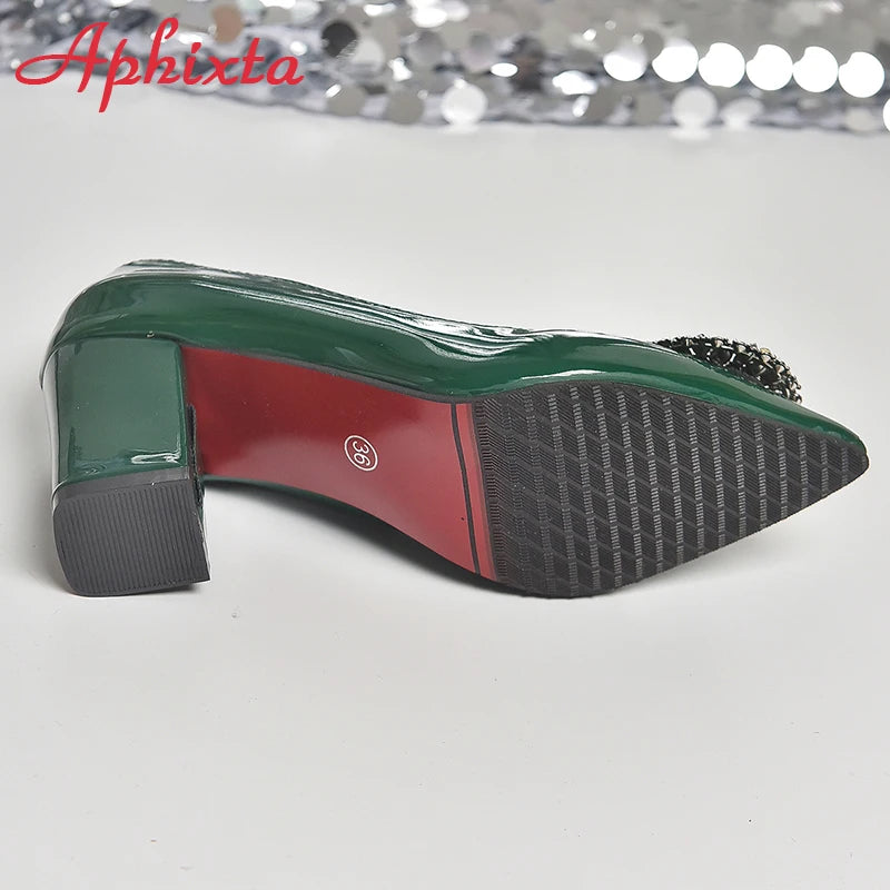 Aphixta Bing Big Crystals Round Buckle 7cm Chunky Heels Pumps Women Shoes Dark Green Fashion and Leisure Pointed Toe Pumps