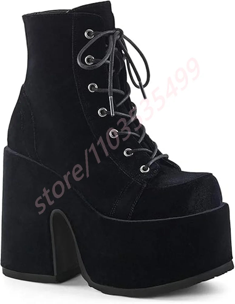 Thick Sole Round Toe Punk Party Boots 2025 New Street Rock Lace-Up Motorcycle Boots Fashion 34-48 Thick High Heel Ankle Boots