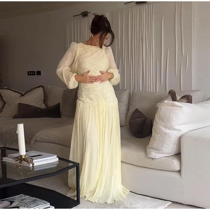 2026 Summer Women's Elegant Pleated Long Dress O-neck Loose Folds Lantern Sleeve Holiday Beach Commute Chic Vestidos