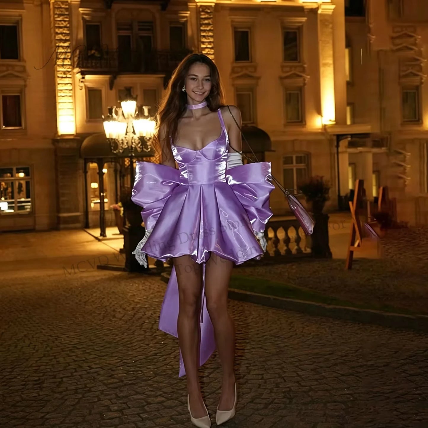 Shiny Short Pink Prom Dress Bow Back Spaghetti Strap Mini Party Dresses A-Line Satin Birthday Dress For Woman 2026 Customized