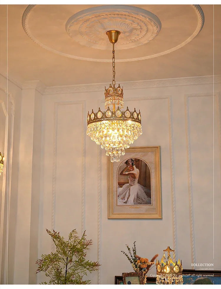 Modern Luxury Chandelier LED Crystal Vintage French Pendant Lamps for Living Dining Table Room Golden Crown Lighting Home Deocr