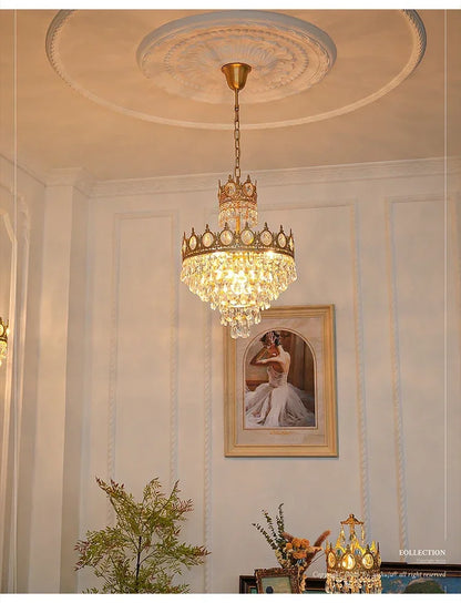 Modern Luxury Chandelier LED Crystal Vintage French Pendant Lamps for Living Dining Table Room Golden Crown Lighting Home Deocr
