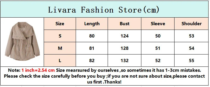 Women Casual Plaid Short Trench Coat Lapel Double Breasted Belted Waist Loose Long Sleeve Checkered Jacket Autumn Windbreaker