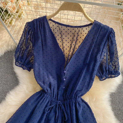 2025 Summer Women Playsuit Polka Dot See Through Thin Beach Rompers Sexy V-neck Short Sleeve Drawstring Sash Slim Waist Overalls