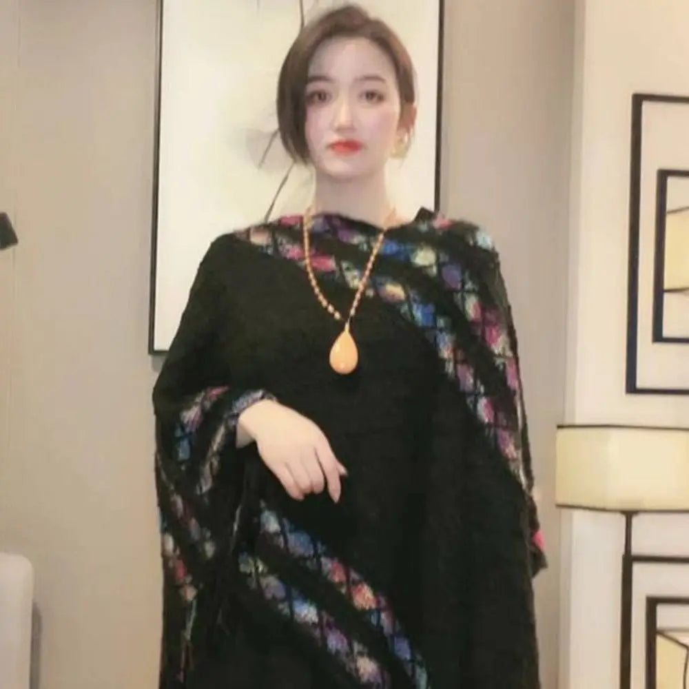 Plush Winter Warm Mongolian Poncho Ethnic Style Imitation Cashmere Rhombic Stripe Tassel Shawl Knitting Wraps Women Fashion