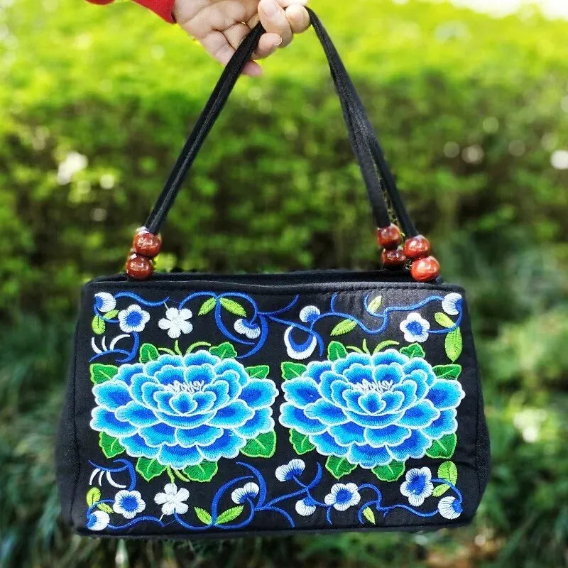 Stylish Floral Embroidered Handbag, Trendy Zipper Canvas Bag, Women's Fashion Purses