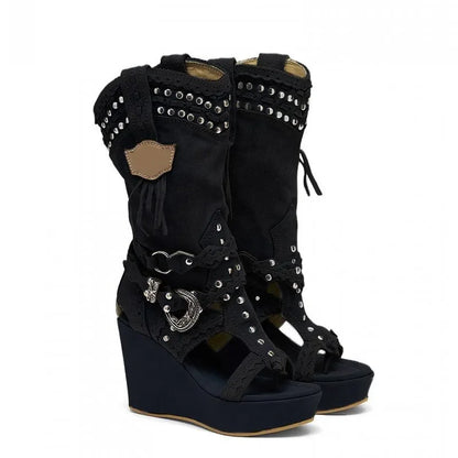 Zipper Shoes Boots Women New 2025 Round Toe Large Size Elegant Wedge Cowboy Ladies High Heel Shallow PU Canvas Casual Fabric Sol