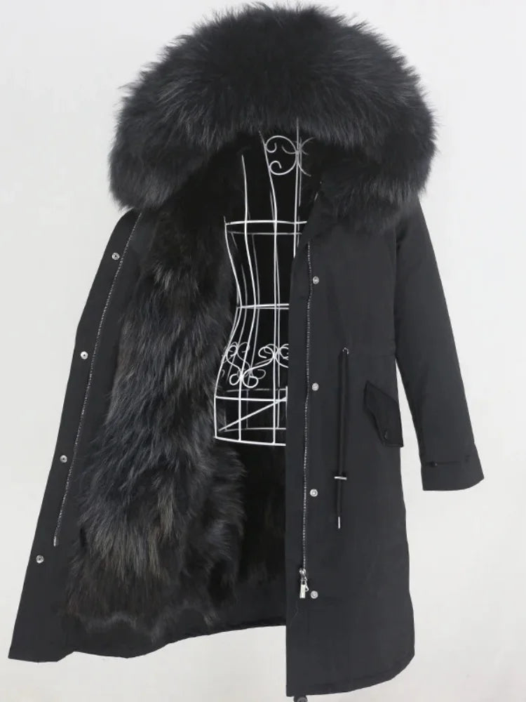 Real Fur Coat Winter Jacket Women Long Parka Waterproof Big Natural Raccoon Fur Collar Hood Thick Warm Real Fox Fur Liner coat