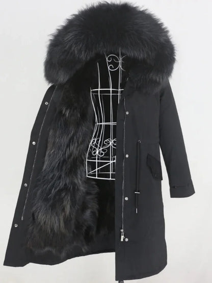 Real Fur Coat Winter Jacket Women Long Parka Waterproof Big Natural Raccoon Fur Collar Hood Thick Warm Real Fox Fur Liner coat