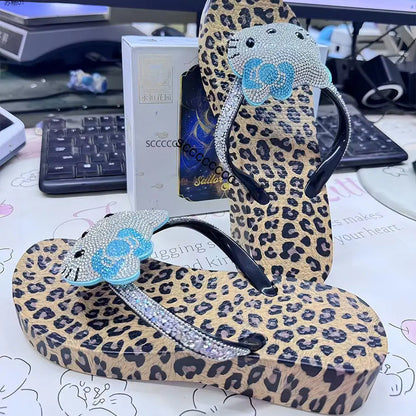 Hello Kitty Rhinestone Flip Flops Leopard Print Y2K Women Bling Non-Slip Summer Beach Casual Thong Sandals Actual Photos