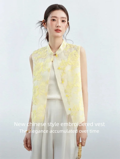 VIMLY Women's Vest 2026 Summer Casual Yellow Floral Embroidery Stand Collar New Chinese Style Sleeveless Jacket Ladies A5251