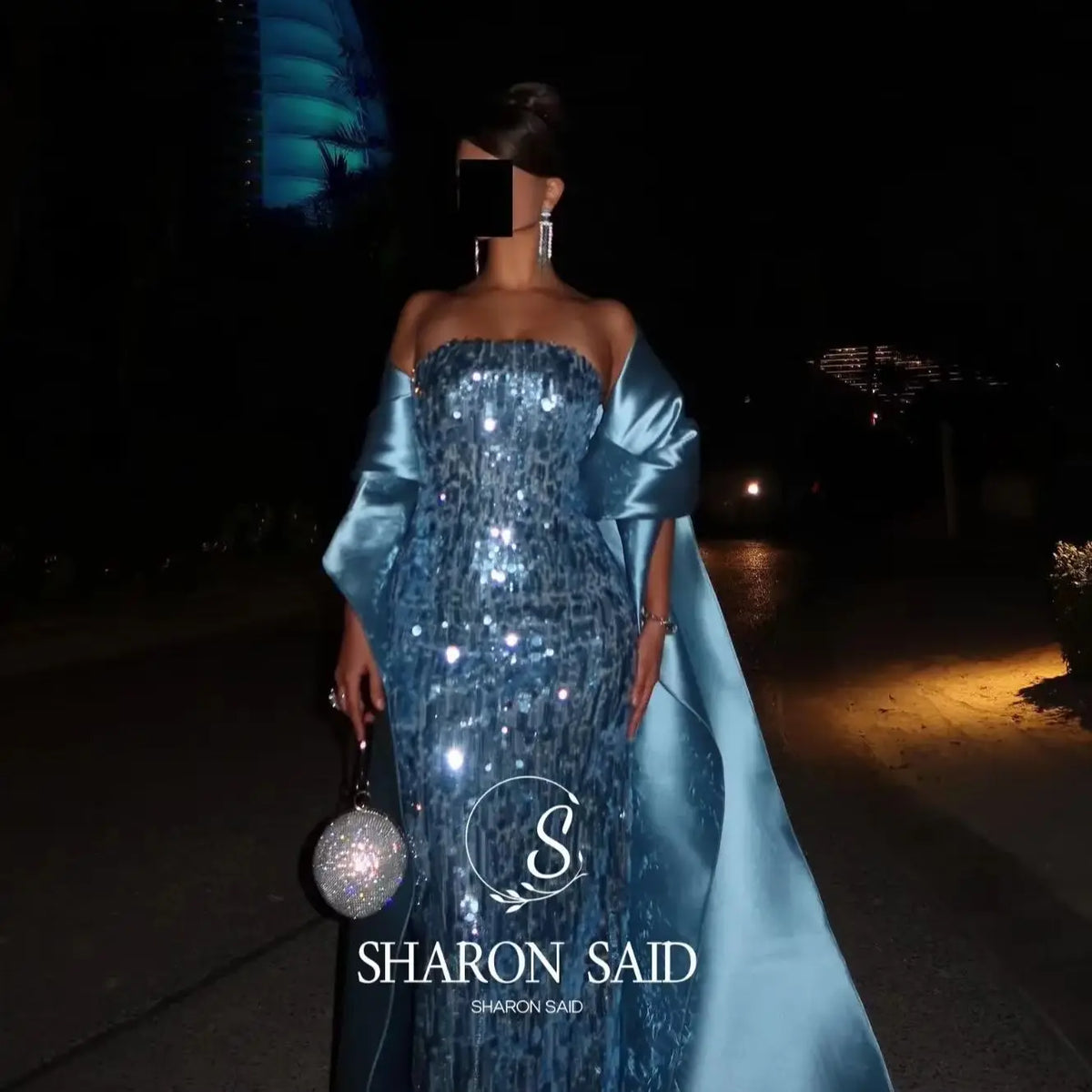 Sharon Said Sequin Women' s Luxury Formal Evening Dresses Strapless Wedding Birthday Prom Gown with Satin Train SF165 Customized