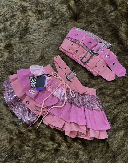Y2K Style  Low Waist  Patchwork Sleeveless Halter Top Irregular pink Half Skirt Sexy Short Skirt kpop dance Outfit Lolita Set