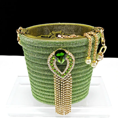 Stylish And Special Olive Bright Bag Match Women's Sandals Set With Big Diamond Tassels And Long And Short Double Chains