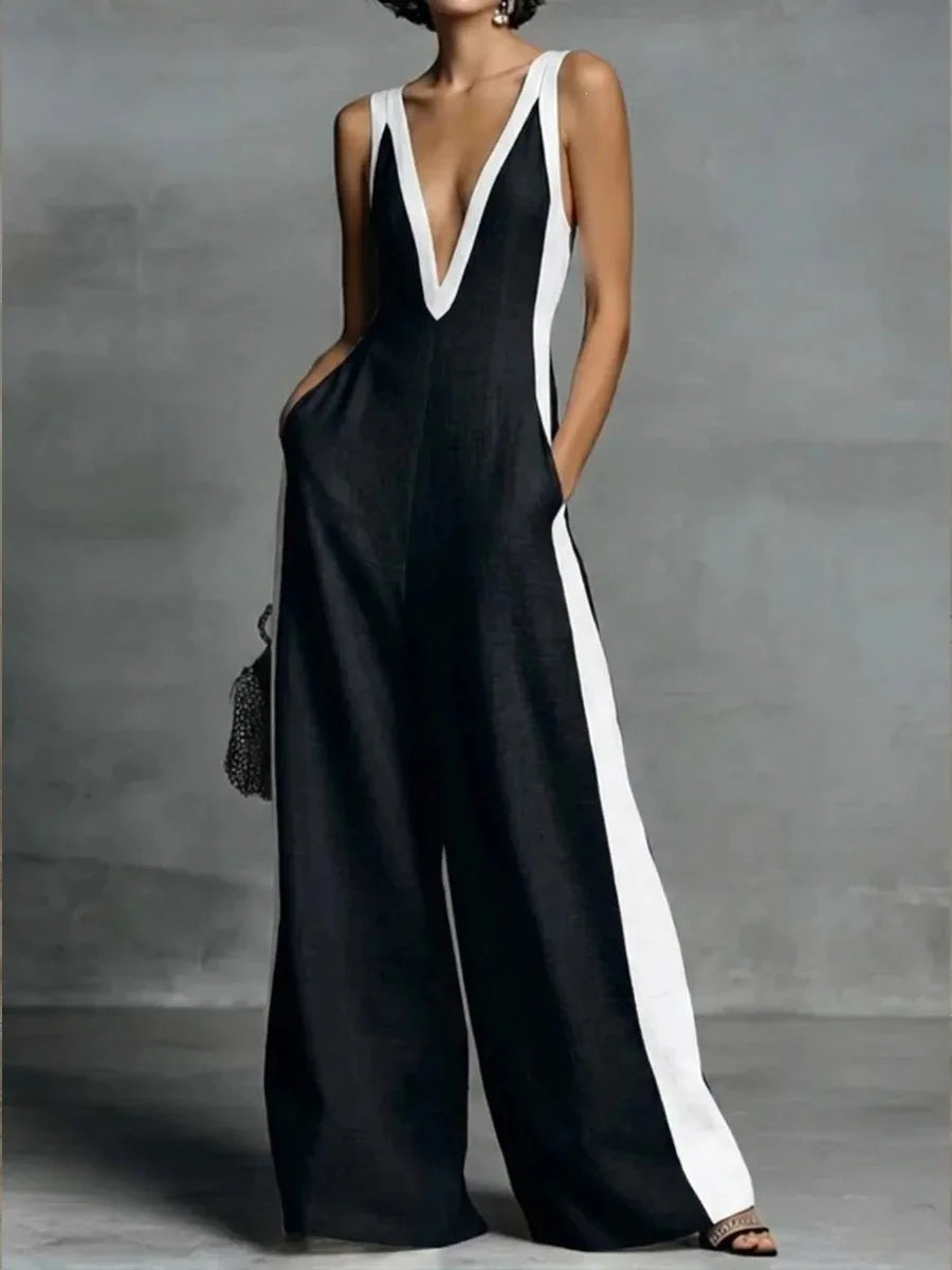 Women's Color Block V Neck Jumpsuit, Sleeveless Wide Leg Romper With Pockets for Party Work Date